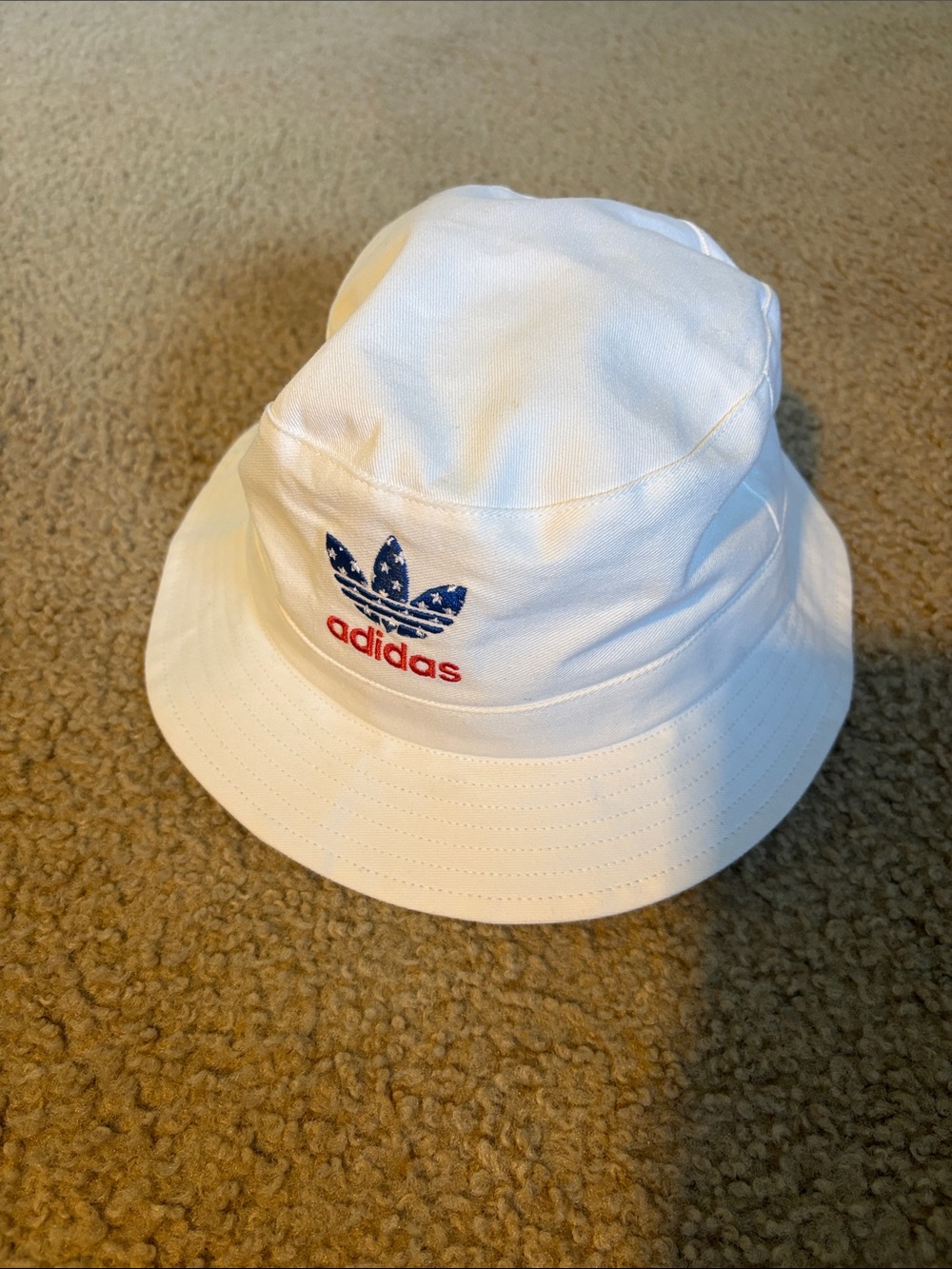 adidas White Bucket Hat with Blue Trefoil and Red Wordmark